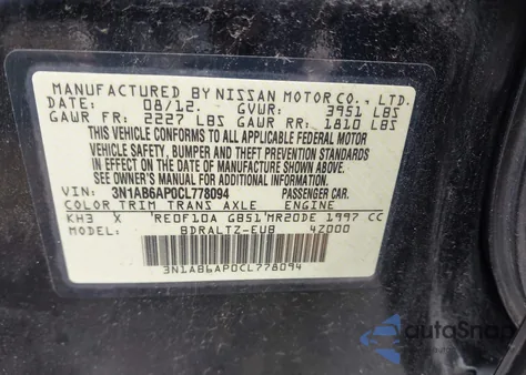 2012 Nissan Sentra 2.0 S z USA, uszkodzony, nr VIN 3N1AB6AP0CL778094